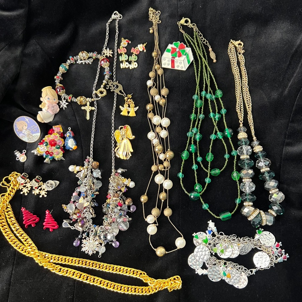 Christmas Jewelry Lot Bundle Necklaces Earrings Pins Precious Moments Holiday
